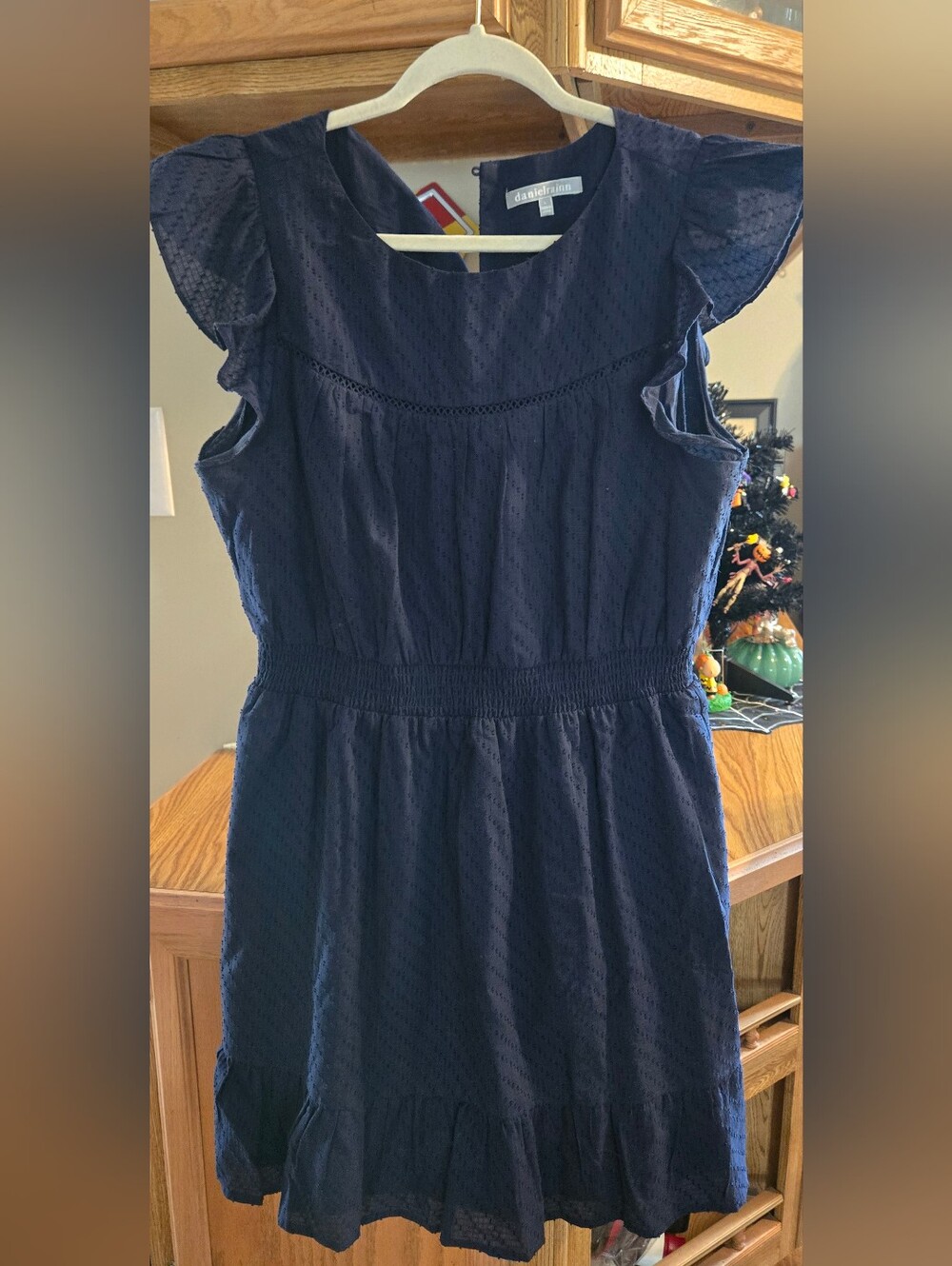 Daniel Rainn Navy Eyelet Smocked-Waist Ruffle Dress
